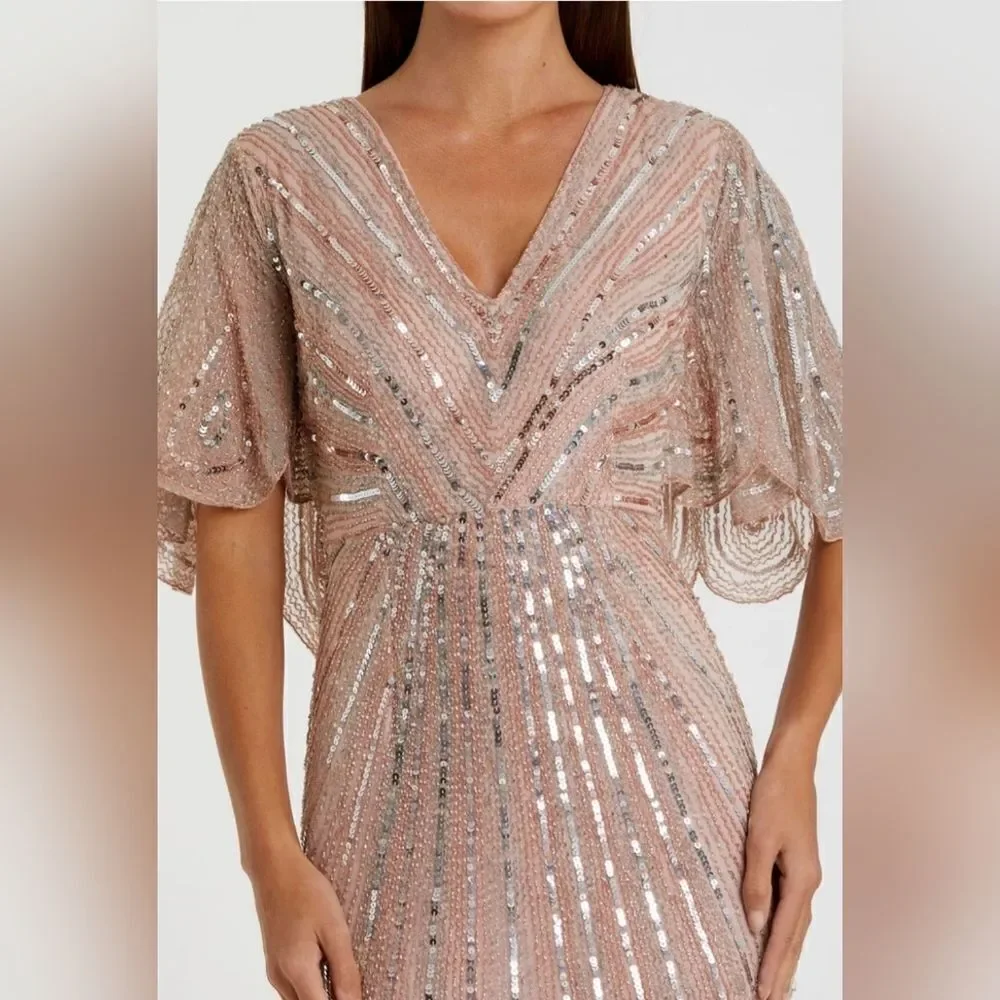Mac Duggal 93583 Sequined V Neck Cape Sleeve Column Gown NWOT size 16 Rose Pink - Picture 3 of 7